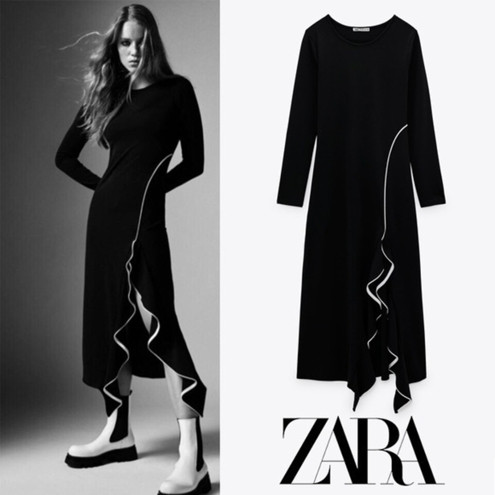 Zara NWOT Black Ruffle Split Long Sleevev Bodycon Midi Dress S